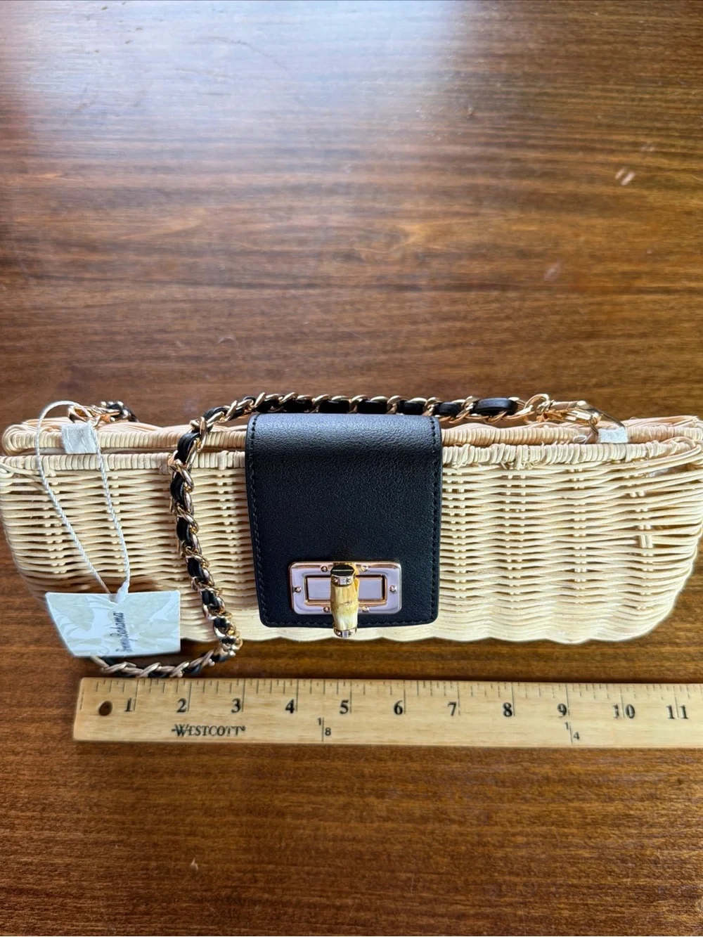 NWT Tommy Bahama Beige Wicker Clutch with Black Leather Accent
